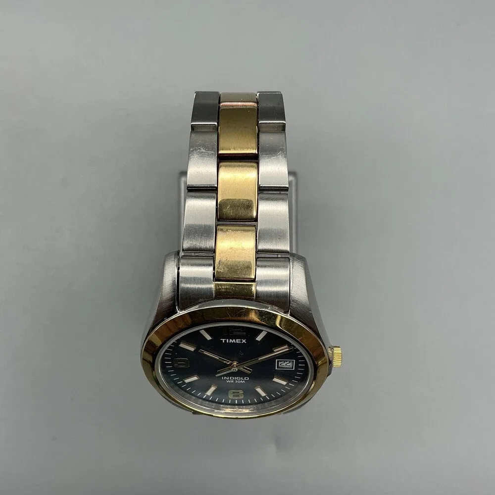 Timex Indiglo WR 30M Mens Watch 35mm Black Dial Two Tone Date New Battery 7.5